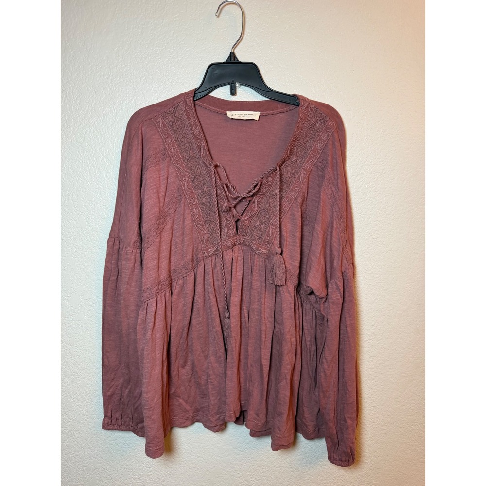 Lucky Brand Boho Embroidered Lace Up Peasant Top Mauve Small